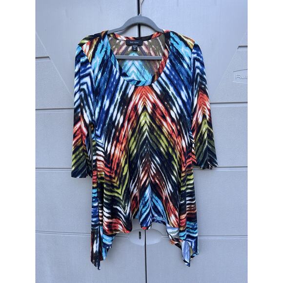 Karen Kane Women Tunic Sz XL Vibrant Multicolored Asymmetric Hem Jersey Stretchy - Picture 1 of 6